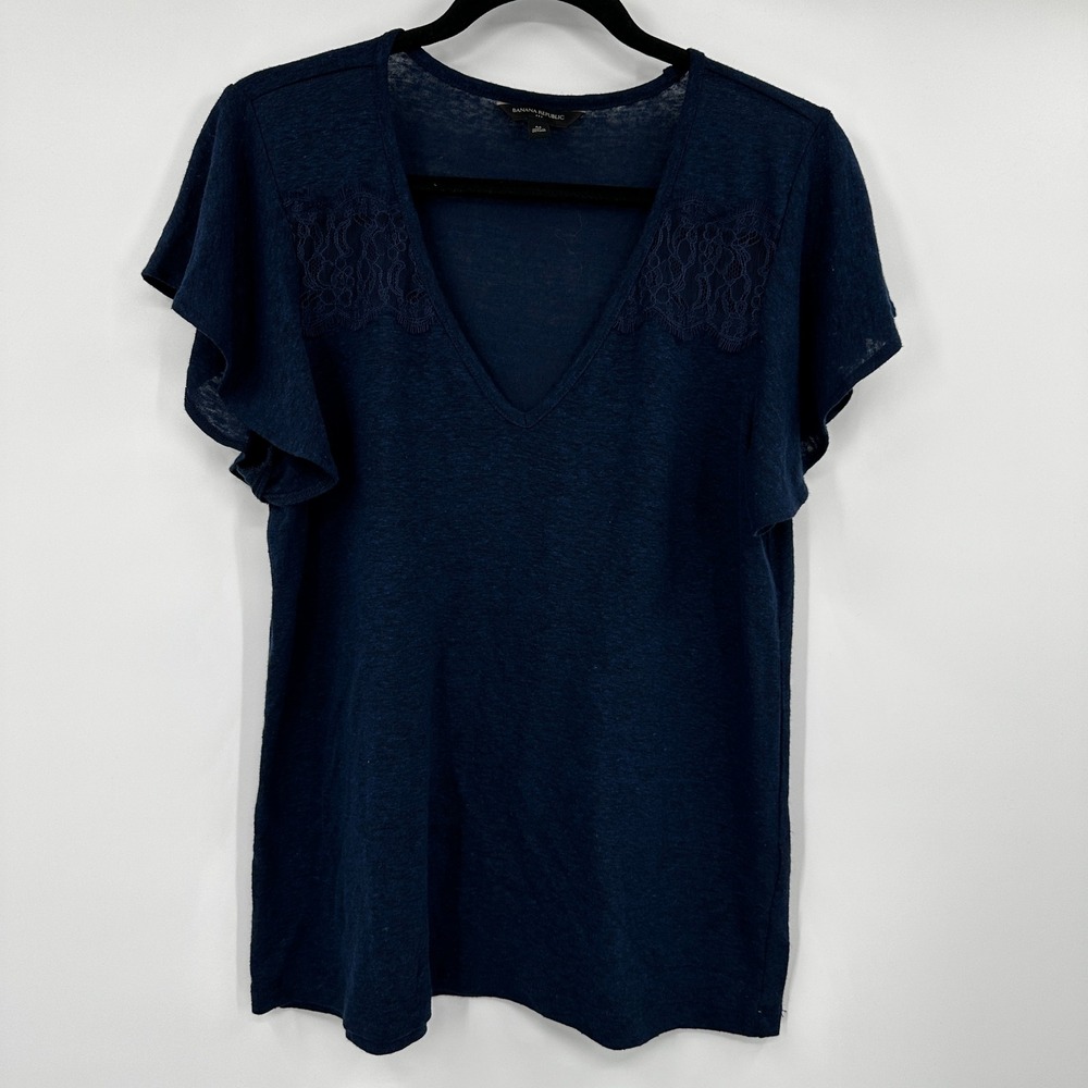 Banana Republic Navy Blue Lace Trim V Neck Flutter Sleeve Linen Blend Top M